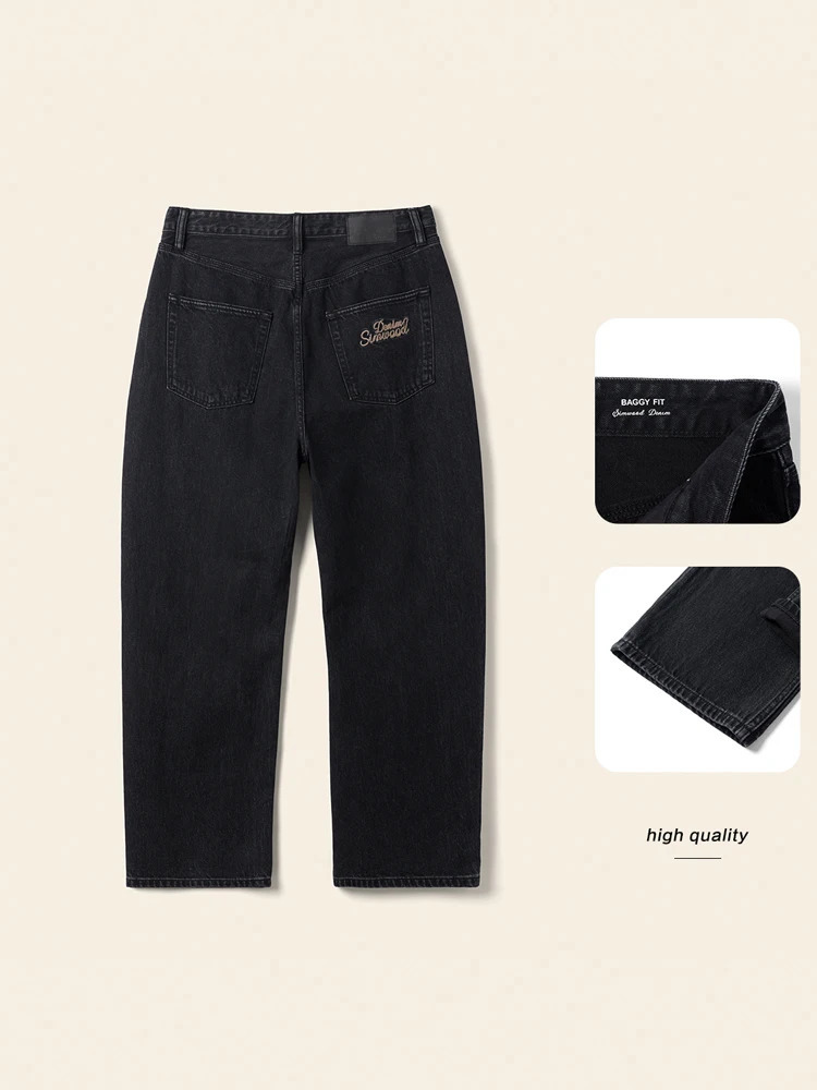 Spring Summer 115oz Cotton Fabric Baggy Style Vintage Snow Washed Jeans Men Black Denim Pants 250704