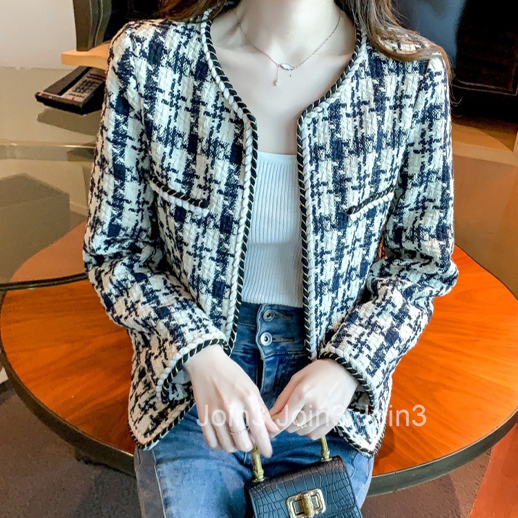 New Spring Autumn Winter Plus Size Womens Clothing Small Fragrance Style Coat Womens European Goods Tweed Houndstooth Long Sleeve Short Coat Cardigan