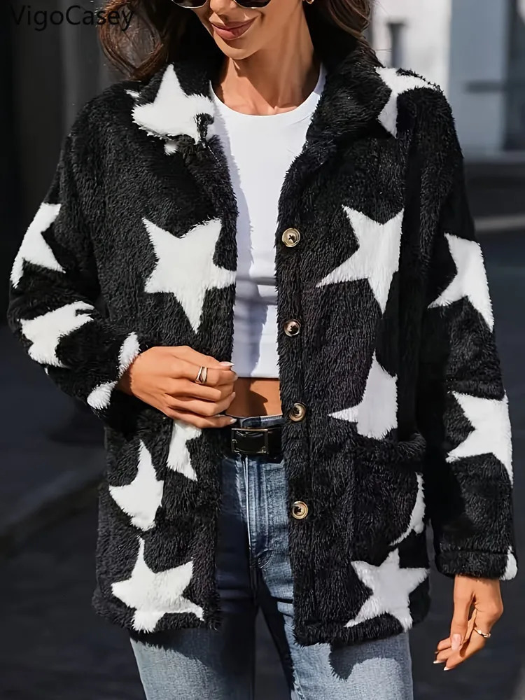 Autumn Print Long Sleeve Jacket Women Thick Plush Warm Single Breasted Coat Soft Winter Loose Cardigan Lady Coat 250729