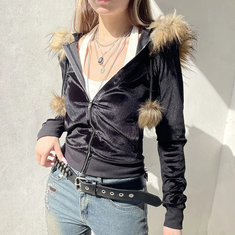 Goth Dark 90s Aesthetic Soft Velvet Zip Sweatshirt Hoodie Cyber Y2K Faux Collar Pocket Hooded Coats Women Slim Streetwear Gothic 250729