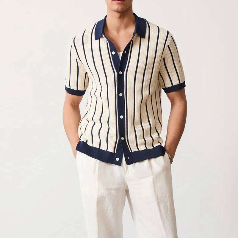 Designer Clothing 2025 New Men Cardigan T-Shirt Hollow Out Striped Knit Polo Shirt Casual Button-Down High Quality Streetwear Fashion Leisure Knitwear
