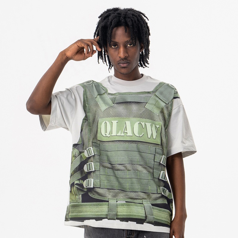 Lanhai Mens Clothing 2025 Spring Summer New Trendy American Tactical Vest Printed Fake Two-Piece Round Neck Short Sleeve T-Shirt for Men