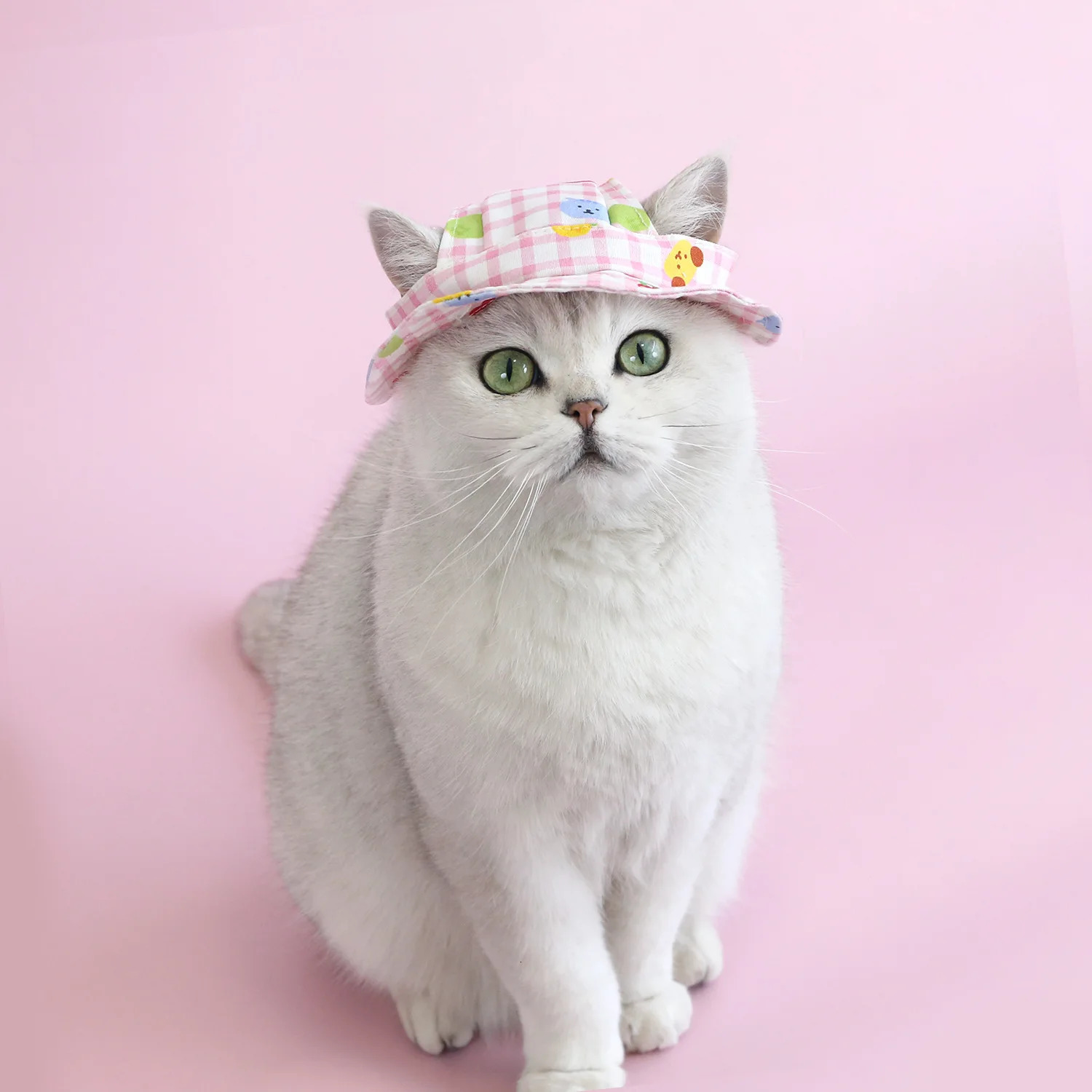 Pet Sun Hat Cartoon Plaid Canvas Puppy Cat Shiba Inu Corgi Out with Ears Fisherman Hat 250729