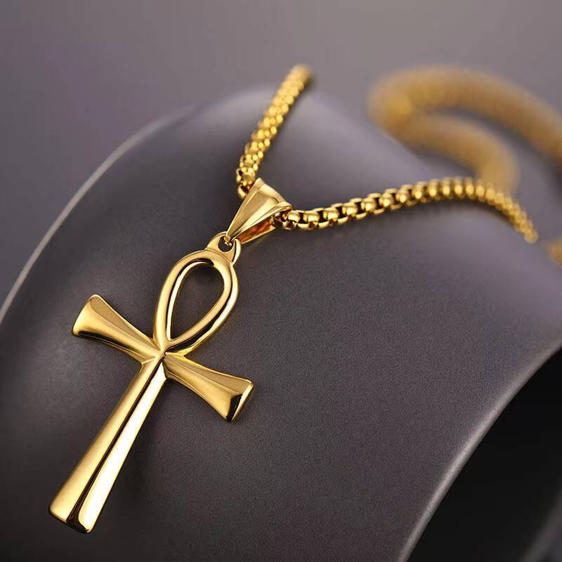 Fashion Jewelry Simple Ancient Egypt Cross Smooth Stainless Steel Gold Plated Pendant Necklaces Women Men