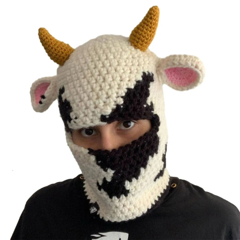 Novelty Ox Horn Knit Balaclava for Women and Men Winter Warm Face Cover Hat Adult Halloween Party Costume Beanie 250724