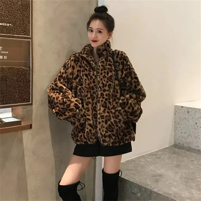 Autumn Winter Woman Jacket Leopard Mink Velvet Jacket Korean Loose Lady Outerwear Warm Female Faux Fur Coats 250723
