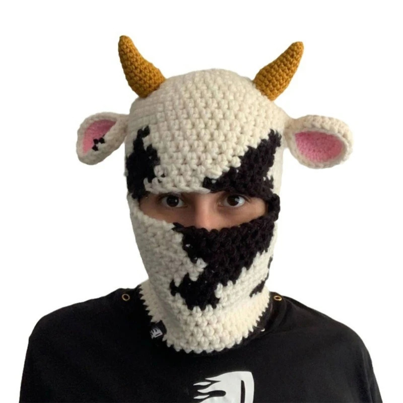Novelty Ox Horn Knit Balaclava for Women and Men Winter Warm Face Cover Hat Adult Halloween Party Costume Beanie 250724
