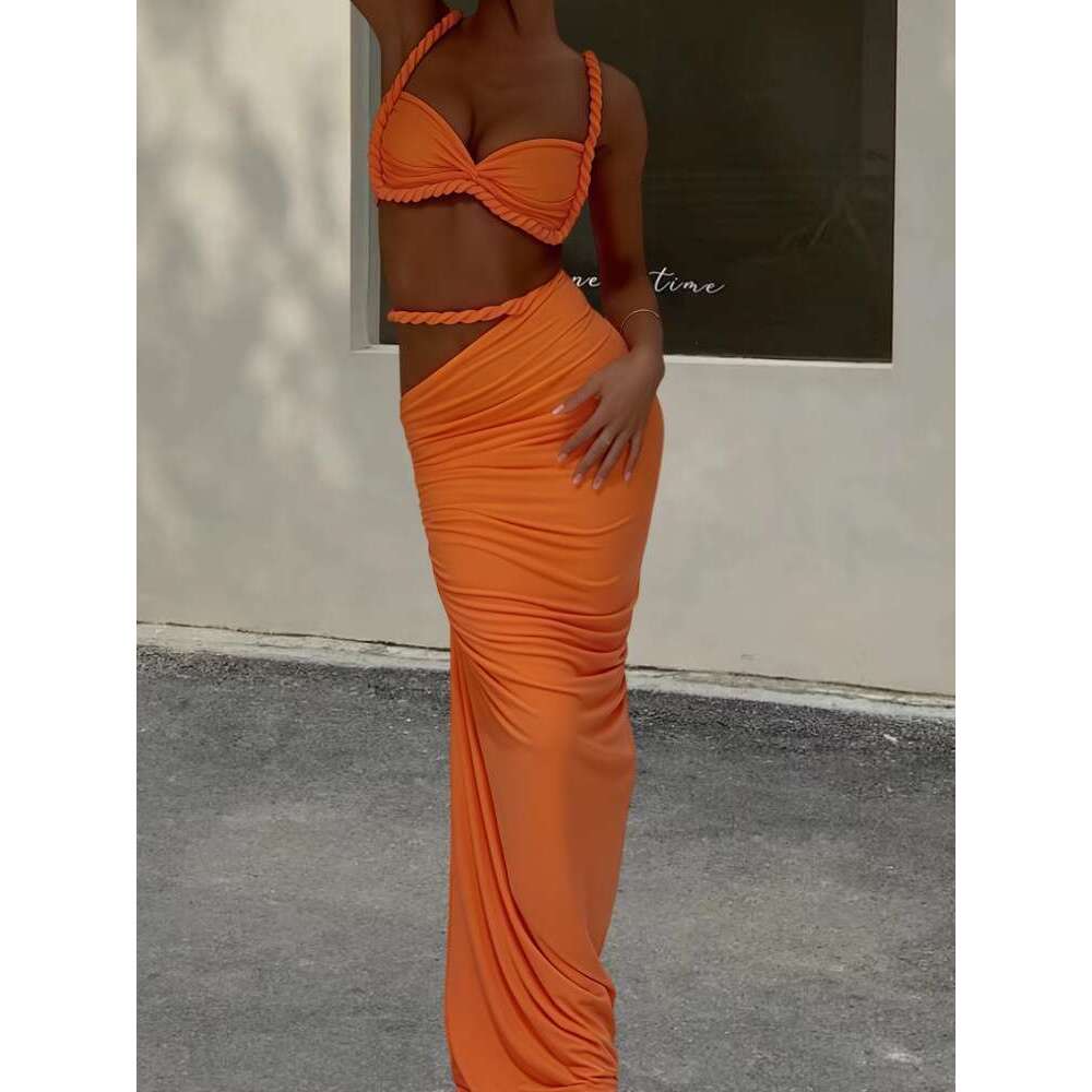 Beach Vacation Style Swimsuit for Women 2025 Spring New Sexy Backless Halter Strap Bodycon Skirt Two-Piece Set