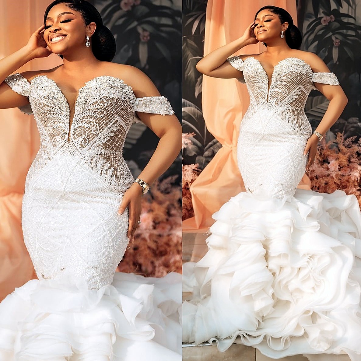 2025 Aso Ebi Plus Size Ivory Mermaid Wedding Dress Lace Beaded Crystals Tiers Organza Vintage Bridal Gowns Dresses ZJ0680