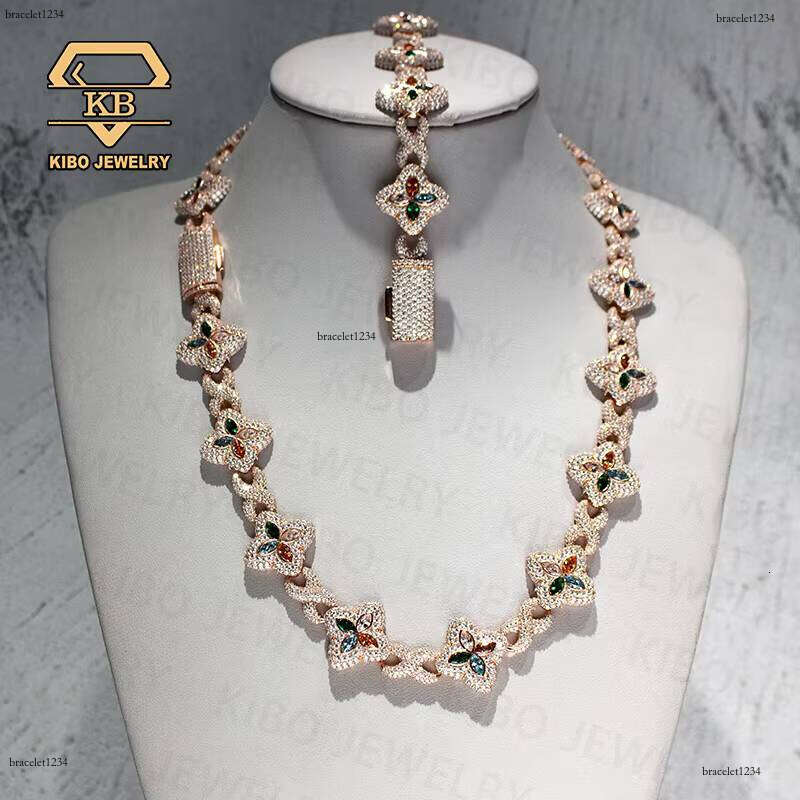 Hip Hop Clover Chains Jewelry VVS Sier Rose Gold Plated 22mm Moissanite Iced Out 4 Leaf Cuban Link Chain