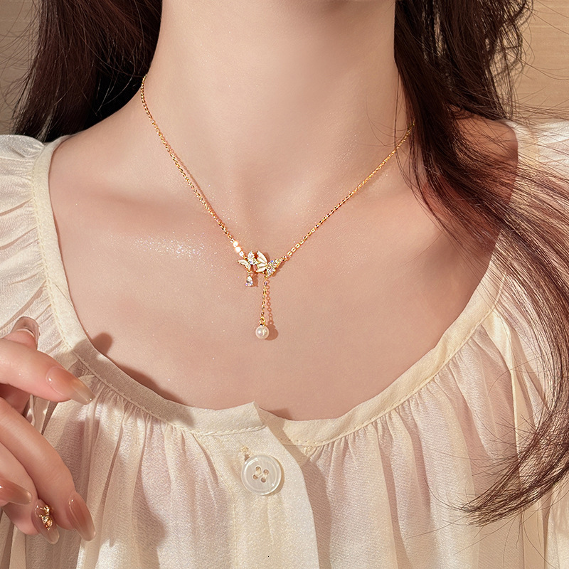 Micro Inlay Large and Small Drop Glaze Butterfly Tassel Pendant Necklace for Women, High-end Light Niche Collarbone Chain, 2025 New Model Jewelry for 