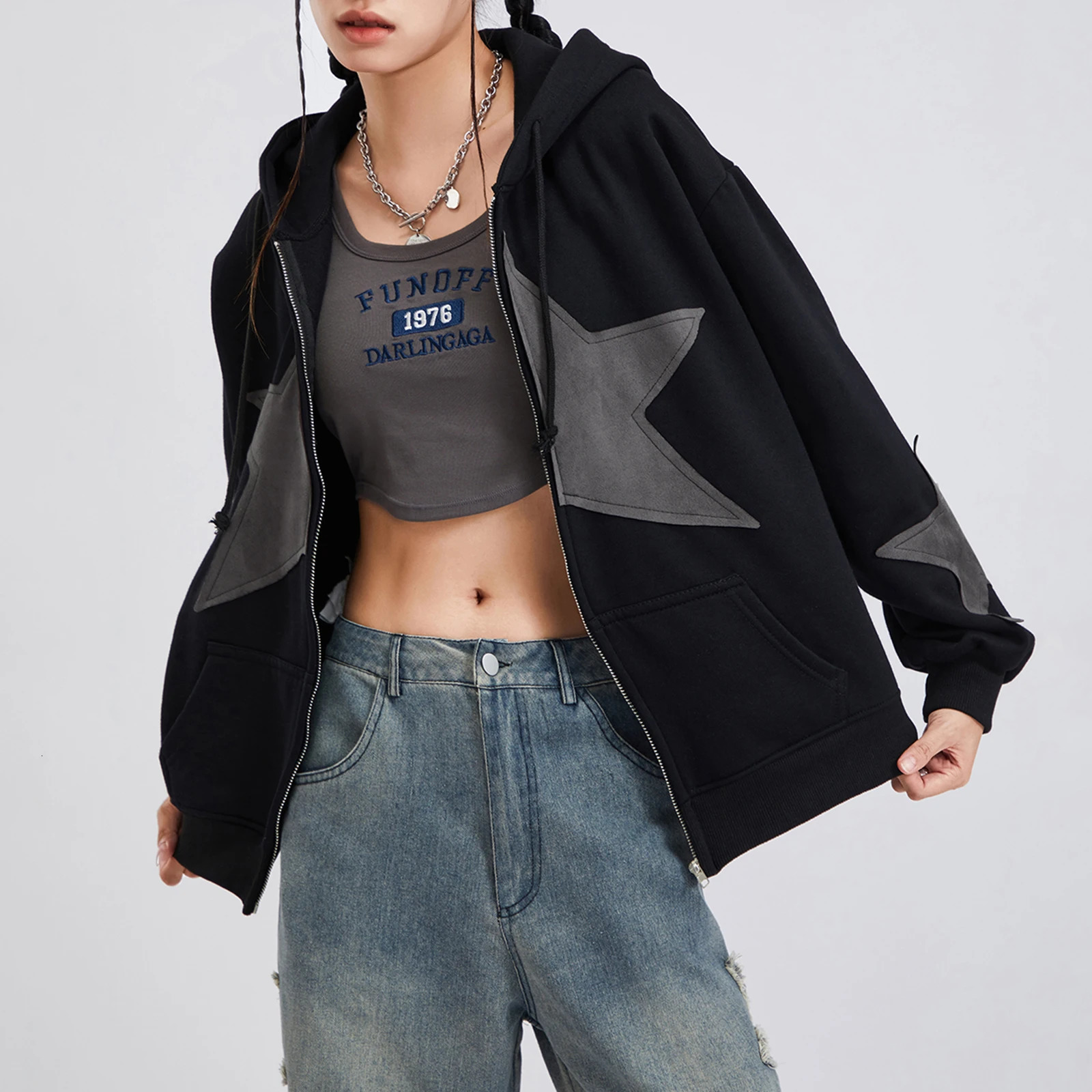 Vintage Star Print Drawstring Hoodies Womens Autumn Casual Loose Long Sleeve Zip Up Hooded Coats Street Harajuku Outerwear 250729