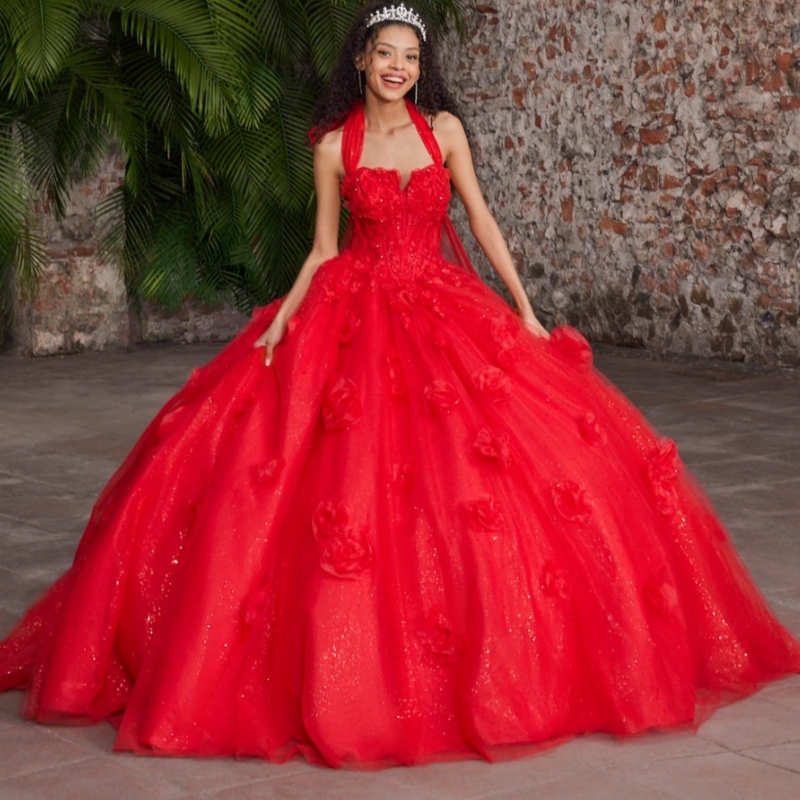 Red Shiny Quinceanera Dresses Ball Gown Off The Shoulder Flower Beads Tull Party Birthday Sweet 16 Dress Vestidos 15 Anos