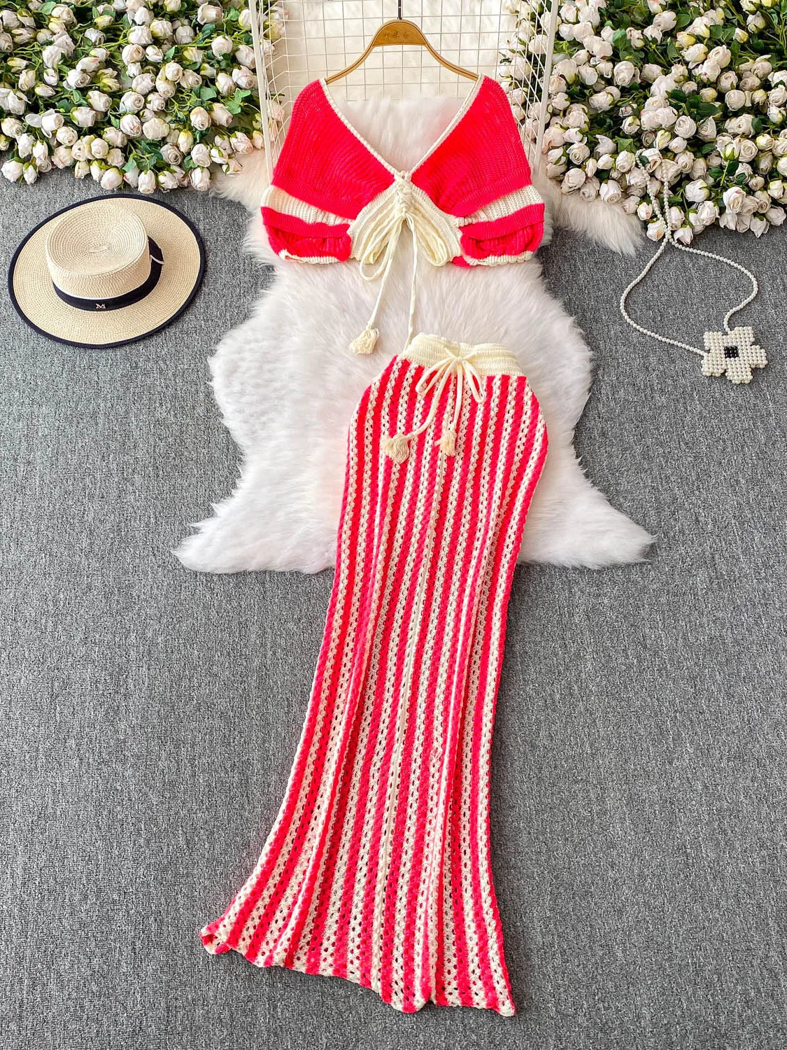 Summer Women Deep Vneck Short Sleeve Knitted Tops High Waist Lace Up Striped Long Wrap Skirt Twopiece Set 250729