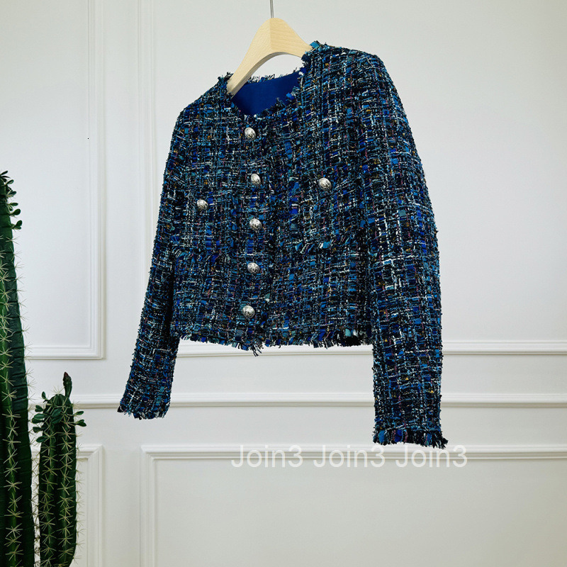 Winter New Style Little Fragrance Demon Blue High-Quality Elegant High-End Tweed Round Neck Knitted Long Sleeve Short Coat for Women