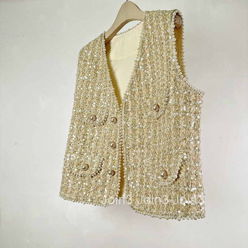 Socialite Autumn Winter New Style Heavy Sequins Beaded V-neck Cardigan Vest Jacket Short Womens Top Vest