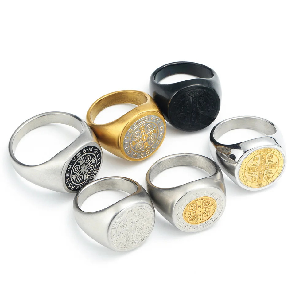 St. Benedict Cross Steel Ring PVD Black Coated Religious Jewelry Christian Gift Gothic Mens Ring Symbol Accessories 250729
