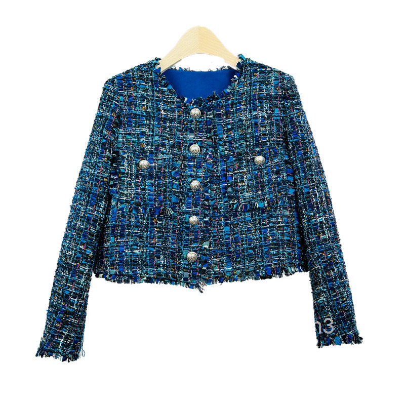 Winter New Style Little Fragrance Demon Blue High-Quality Elegant High-End Tweed Round Neck Knitted Long Sleeve Short Coat for Women