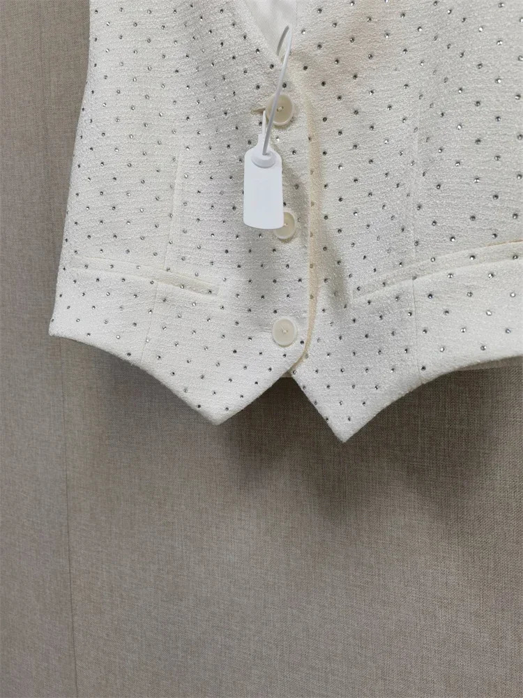 Women Pearl Decoration Tweed ThreePiece Set Short Sleeve Cardigan Shirt Sleeveless Vest Outerwear or Long Pants 250729