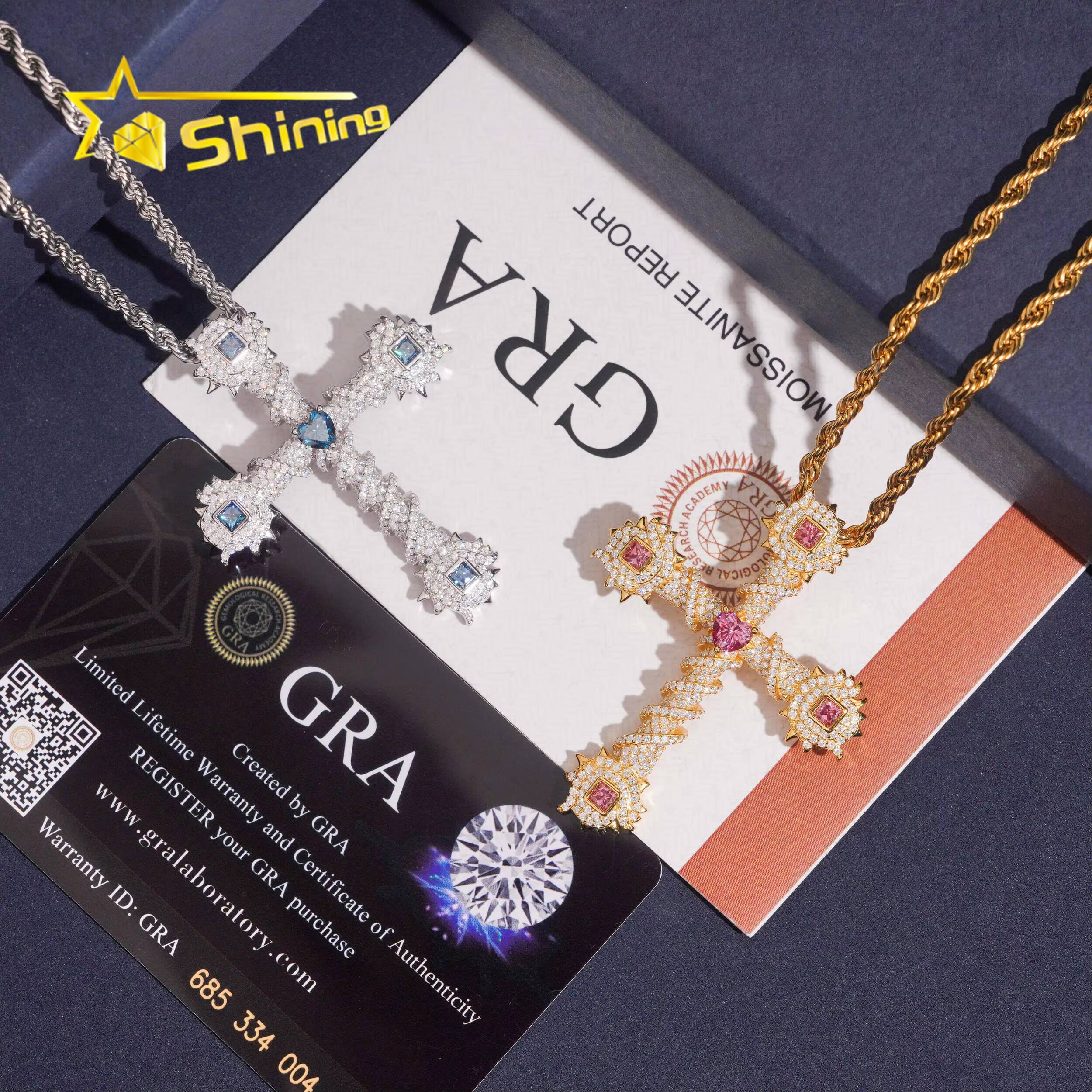 Wholesale Price Fast Shipping Iced Out Cross Pendant 925 Sterling Silver Gold Plated Colorful Moissanite Charms Pendant