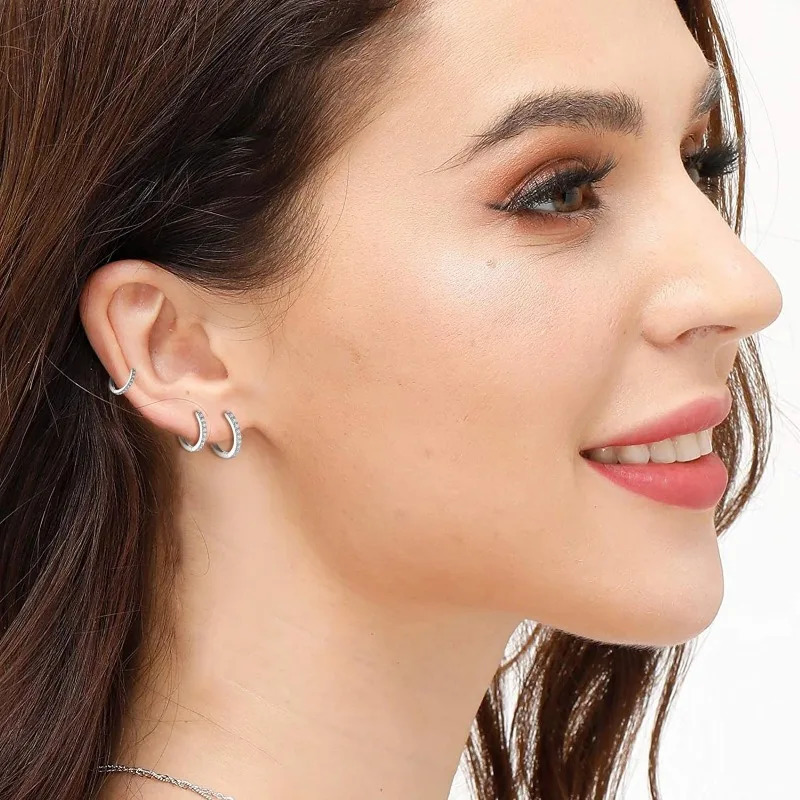925 Sterling Silver Small Hoop Earrings Zirconia Huggie 14K Gold Plated Cartilage Piercing Ear Cuff Tiny Earrings for Women Men 250729