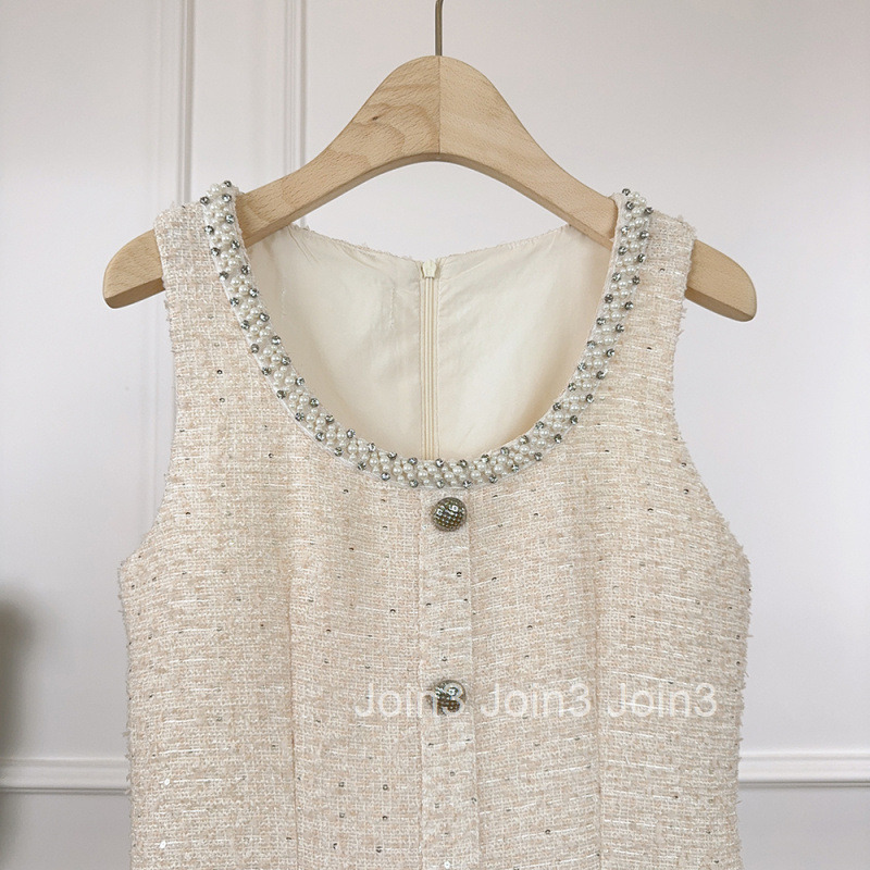 Summer New French Style Pearl Embellished Round Neck Slim Fit Sleeveless Tank Dress Short Skirt