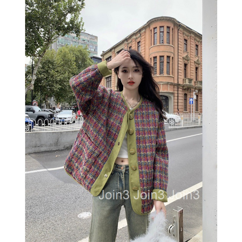Autumn Winter New French Style Loose Plaid Elegant Woven Color-Block Trim Long Sleeve Wool Coat Mid-Length