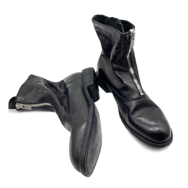 Unisex Handmade Genuine Leather Boots Soft Retro Japanese Style Chunky Heel Front Zip Gothic Dark Ankle Boots for Men Women P30D50