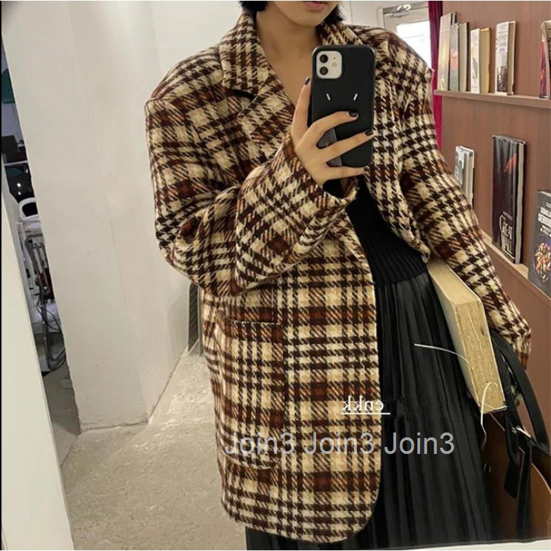 Winter New Melad Plaid Elegant Woolen Suit Coat Loose Mid-Length Long Sleeve Woolen Jacket for Women