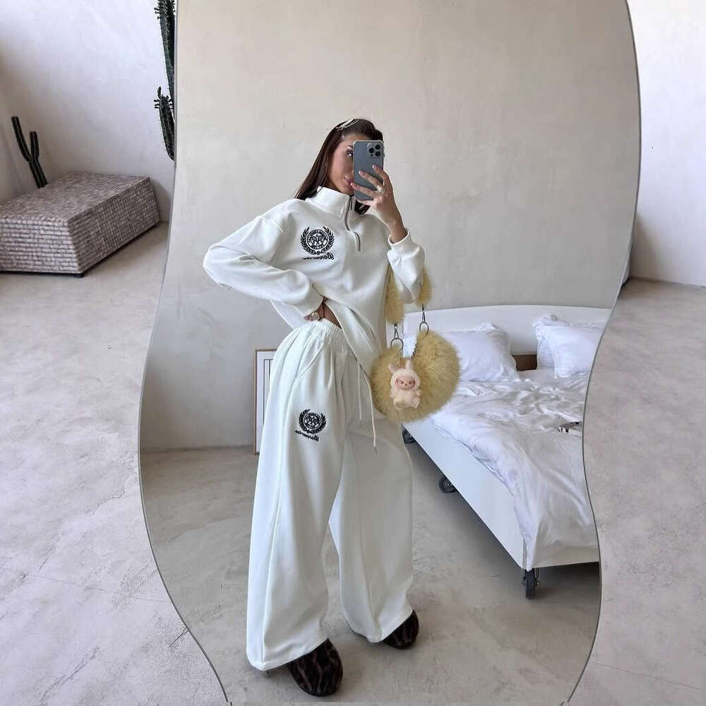 2025 Summer New Heavy Embroidery Half-Zip Long Sleeve Top Wide-Leg Pants Slimming Two-Piece Set for Women