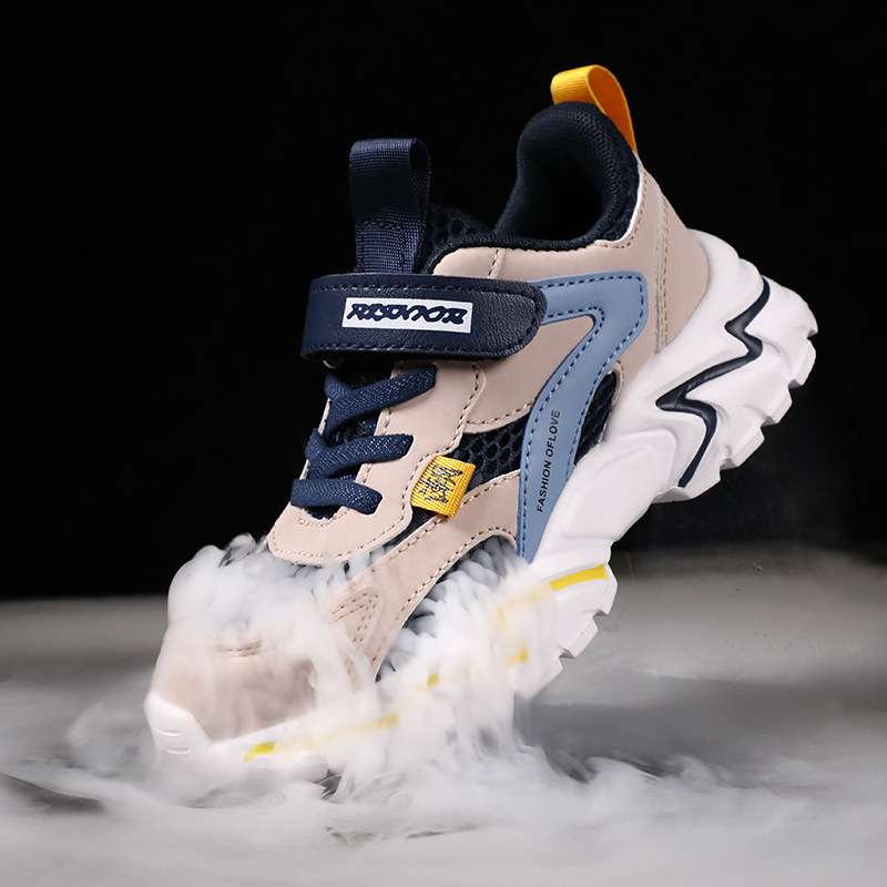 Spring and Autumn Sports Leather Surface Kids Internet Celebrity Campus Double Mesh Children's Travel Shoes Breathable