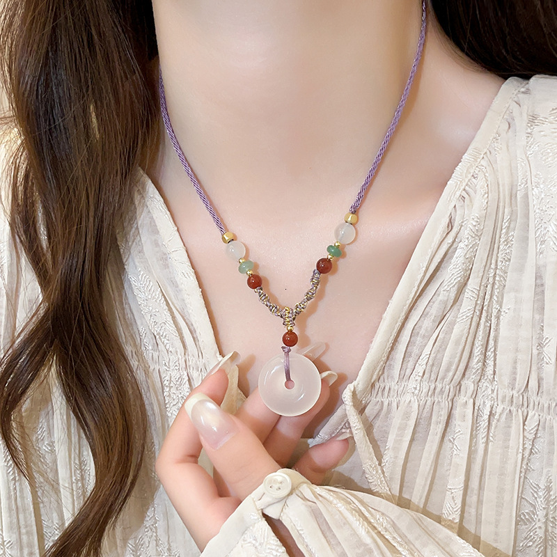 Chinese Style Pink Peace Buckle Braided Rope Pendant Necklace for Women 2025 New Jewelry High-end Light Niche Choker Jewelry for Women