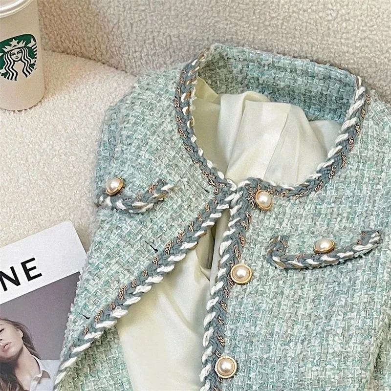 Women Elegant Tweed Jackets Chic Oneck Long Sleeve Tops Autumn Fashion Singlebreasted Office Cardigan Coat Outerwear 250729