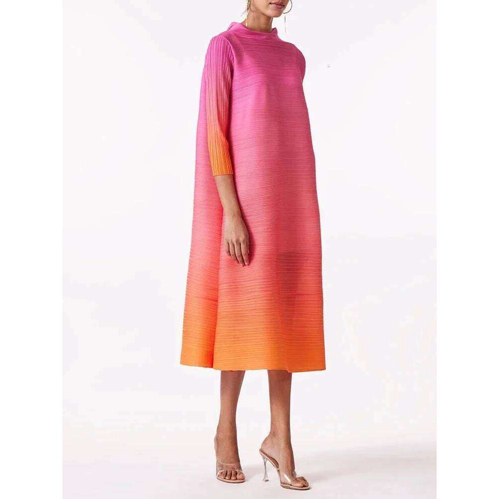 Miyake Elegant Gradient Pleated Dress Turtleneck Full Sleeves Pink Orange Fashion Mid-Calf Dresses For Women New