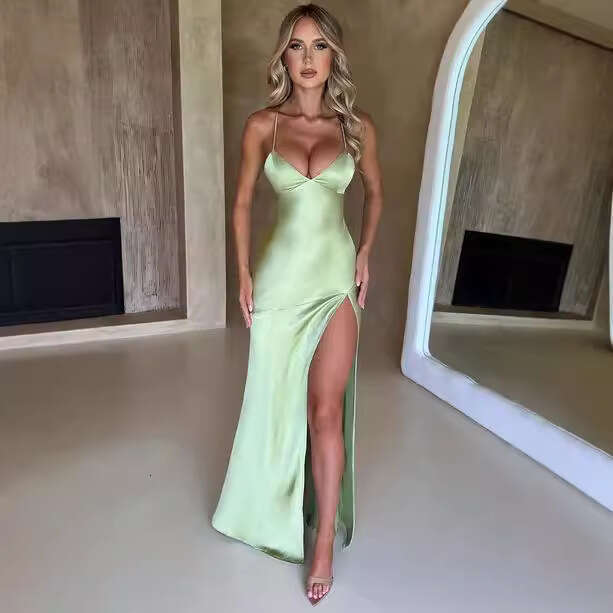 European and American Style Summer New Solid Color Sexy Waist-Cinching Backless Sleeveless Slimming Long Dress