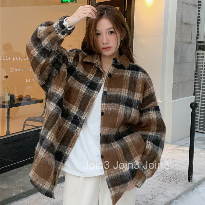 Autumn Winter New Plush Color-Block Plaid Loose Turn-Down Collar Long Sleeve Wool Coat Women Mid-Length Woolen Overcoat