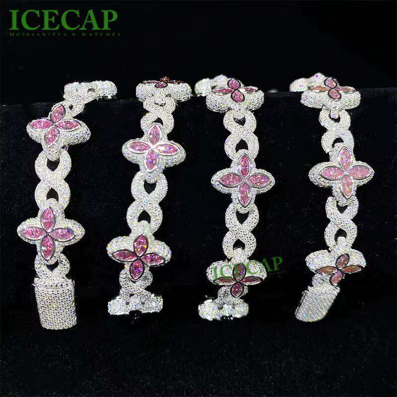 Hot Sale New Design 14MM Sterling Sier Clover Bracelets Iced Out Hip Hop Infinity Colored Moissanite Cuban Bracelet