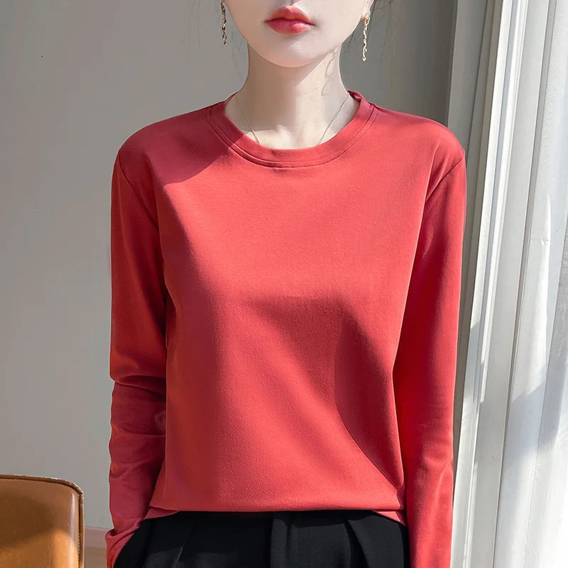 100% Cotton Bottoming Tshirt Womens Round Neck Loose Long Sleeve Mercerized for Spring and Summer 250729