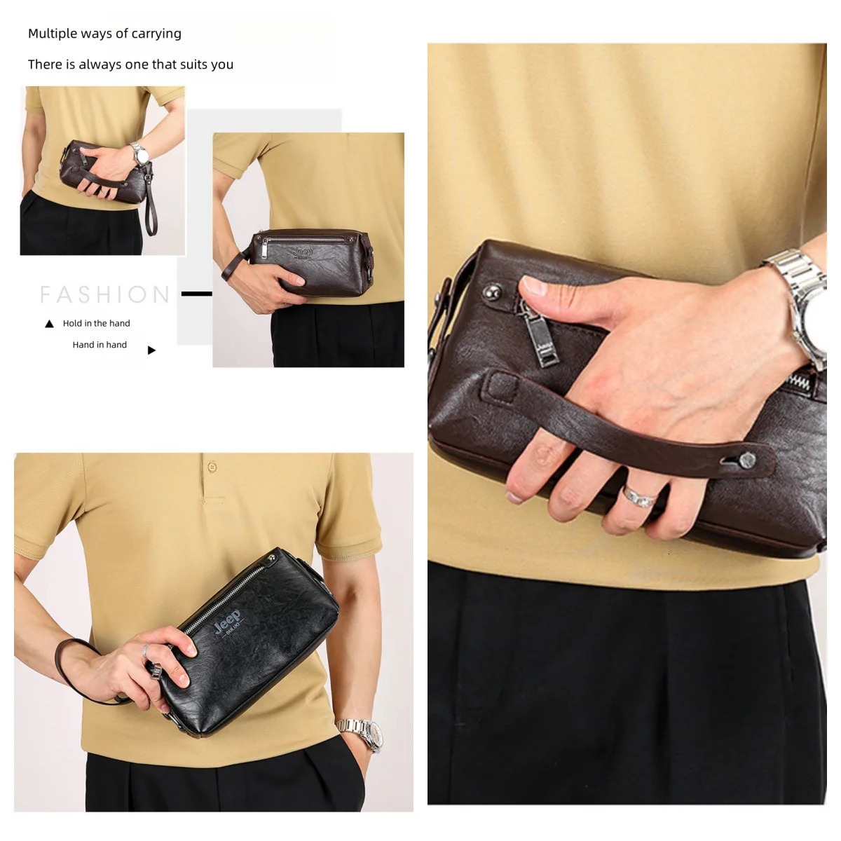 BULUO Fashion Big Mans Handbags High quality Leather Clutch bag Wallet Purse Large Capacity Business Brown 250723