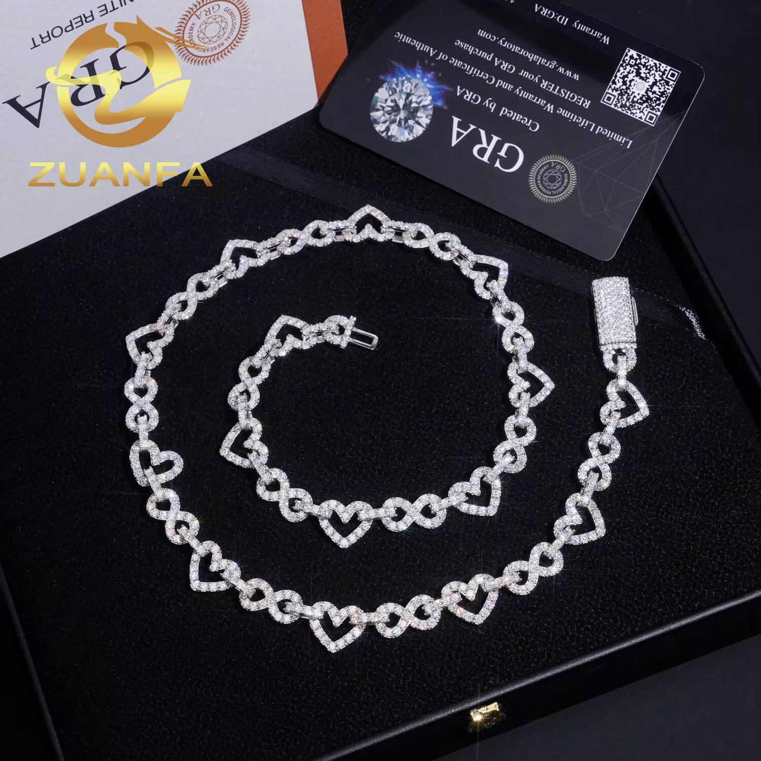 Passed Diamond Tester Heart 12mm Sterling 925 Silver Moissanite Chain Link Cuban Hip Hop Jewelry for Men Women Choker Necklace