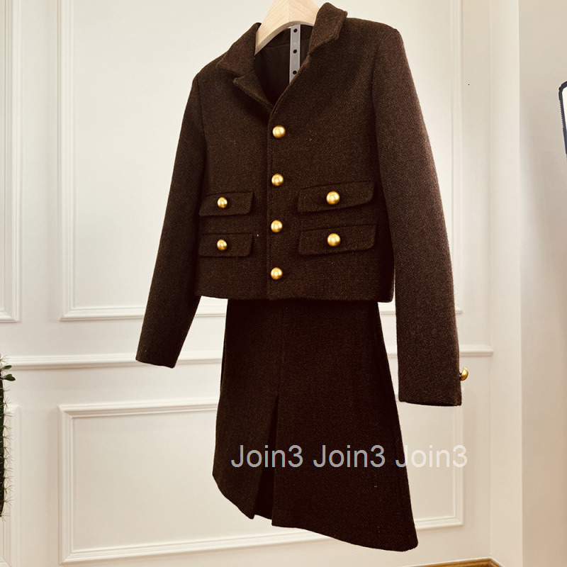 Spring and Autumn French Style New High-Quality Woolen Elegant Two-Piece Set with Turn-Down Collar Long Sleeve Jacket and Blazer Half Skirt Suit