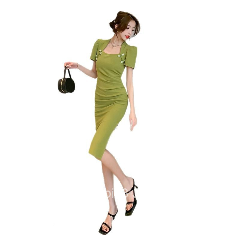 2025 Summer New Fashion Internet Celebrity Street Style Slim Fit Short Sleeve Cheongsam Bodycon Dress Mid-Length Women