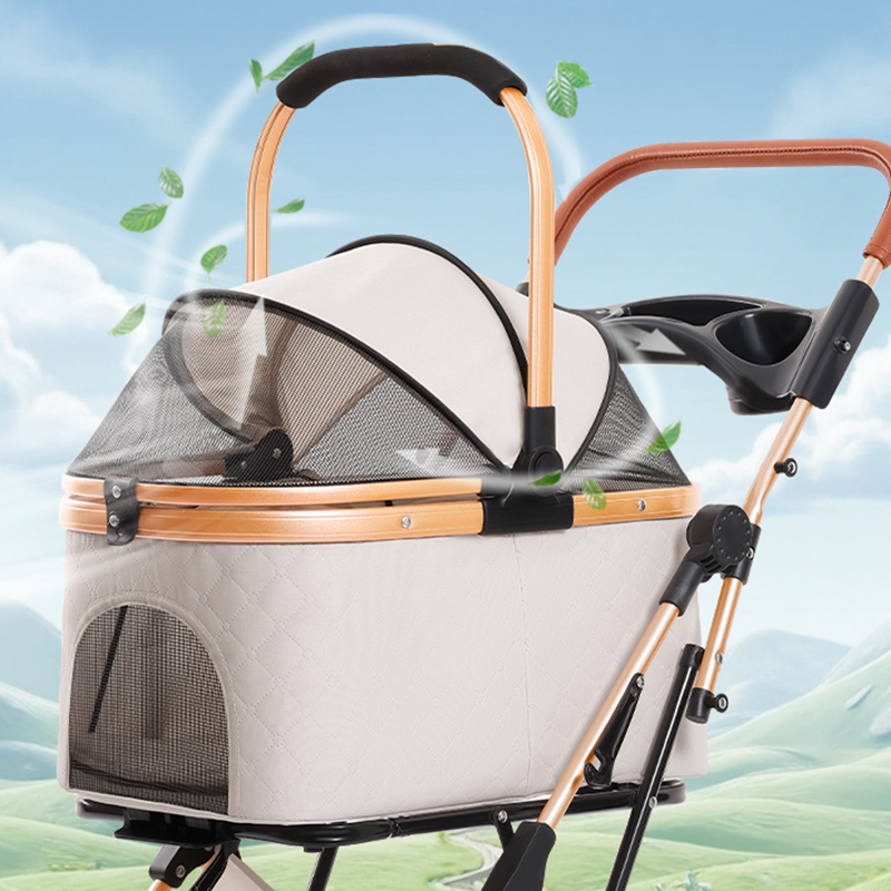 Pet stroller with 4 wheels, foldable pet travel harness, suitable for small/medium-sized dogs and cats, detachable portable pet bag, storage basket