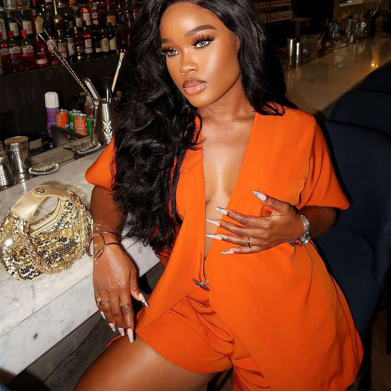 Fashion Solid Color Short Sleeve Suit For Women Summer High Waist Shorts Two-Piece Commuter Outfit B5