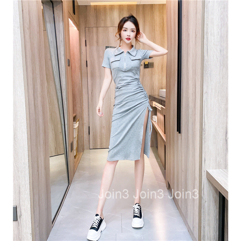 Summer New Fashion Turn-Down Collar Pocket Knitted Stretch Side Slit Slim Fit Short Sleeve Dress Mid-Length