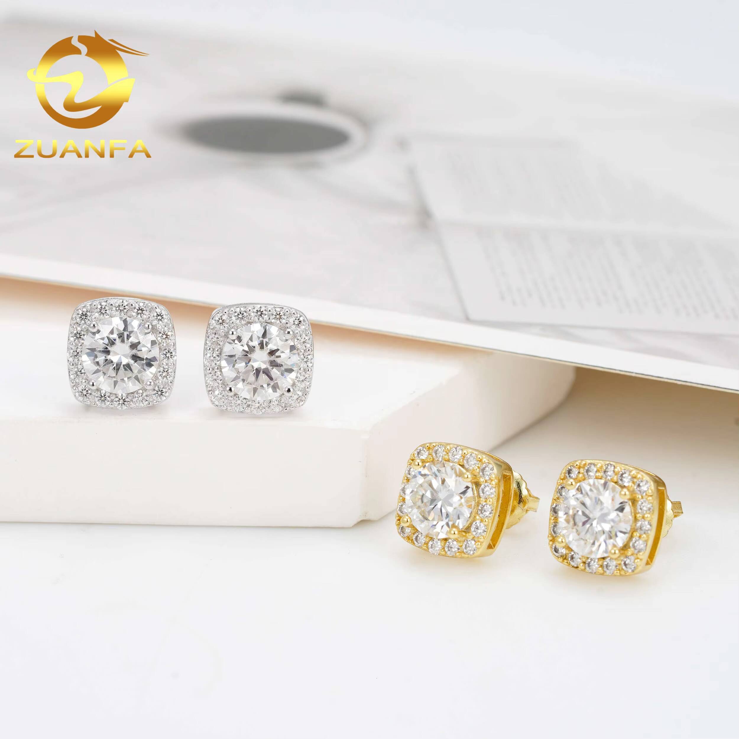 Wholesale Price High Quality Halo Design Square Hip Hop 925 Silver Iced Out Moissanite Earrings