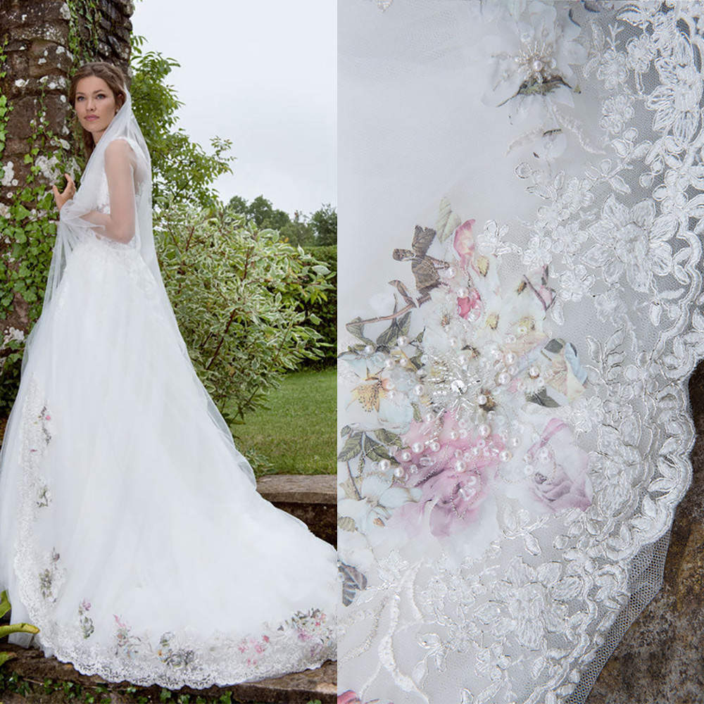 Illusion Wedding Veil One Layer Appliques Pearls Bridal Veils Luxury Floral Sequins Beading Wedding Accessories Customized