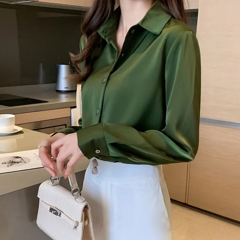 Satin Shirt Women 2023 OL Fashion Long Sleeve Blouse Woman Casual Shirts White Womens Tops Solid Basic and Blouses 250724