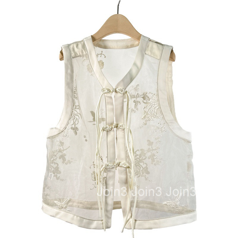 Summer New Chinese Style Lightweight Semi-Sheer Silk Unique Embroidery V-Neck Button Slimming Top Vest for Women