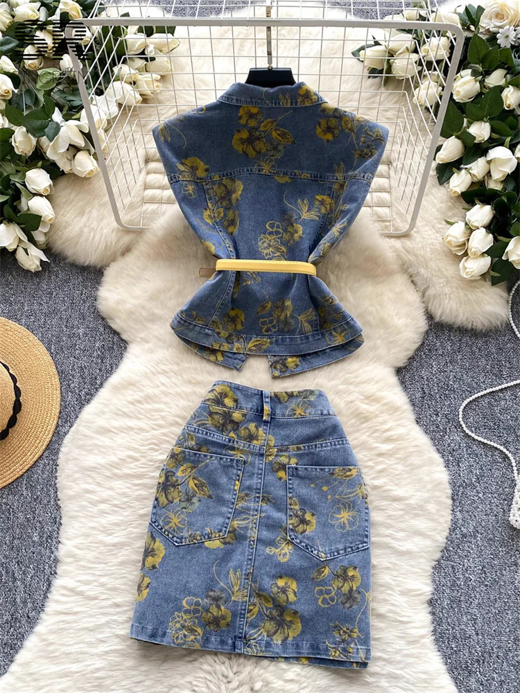 SINGREINY Vintage Print Denim Set Women Sleeveless Polo Neck Button Belt n TopsBodycon Skirt Streetwear Summer 2pcs Suits 250728